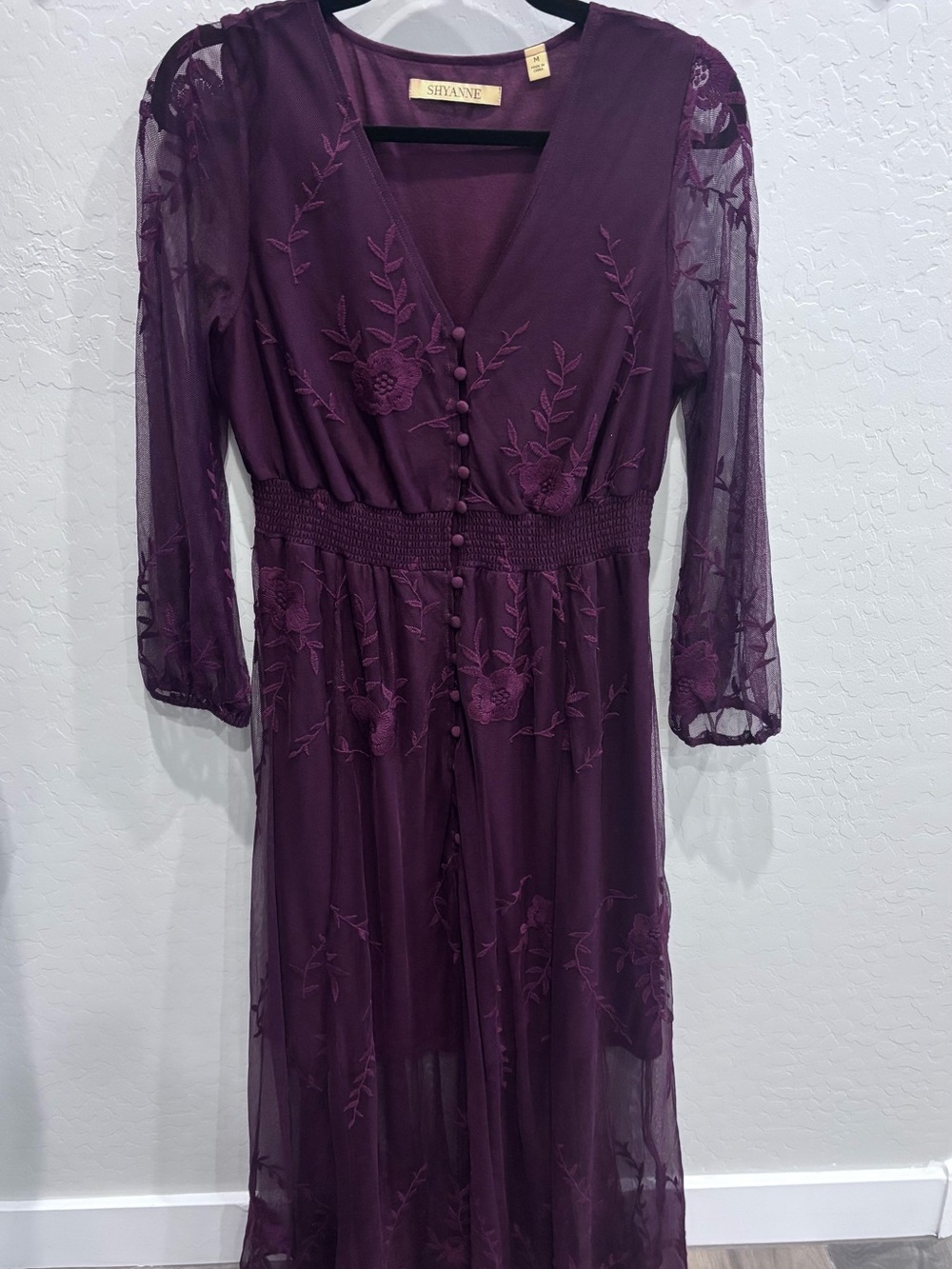 Shyanne Women's Deep Plum Embroidered Long Sleeve Midi Dress
